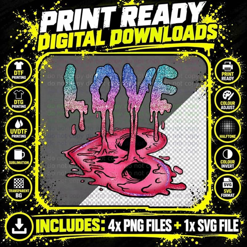 Melting Love Gory Text Dark Pink Cyan T-Shirt Png SVG Digital Bundle