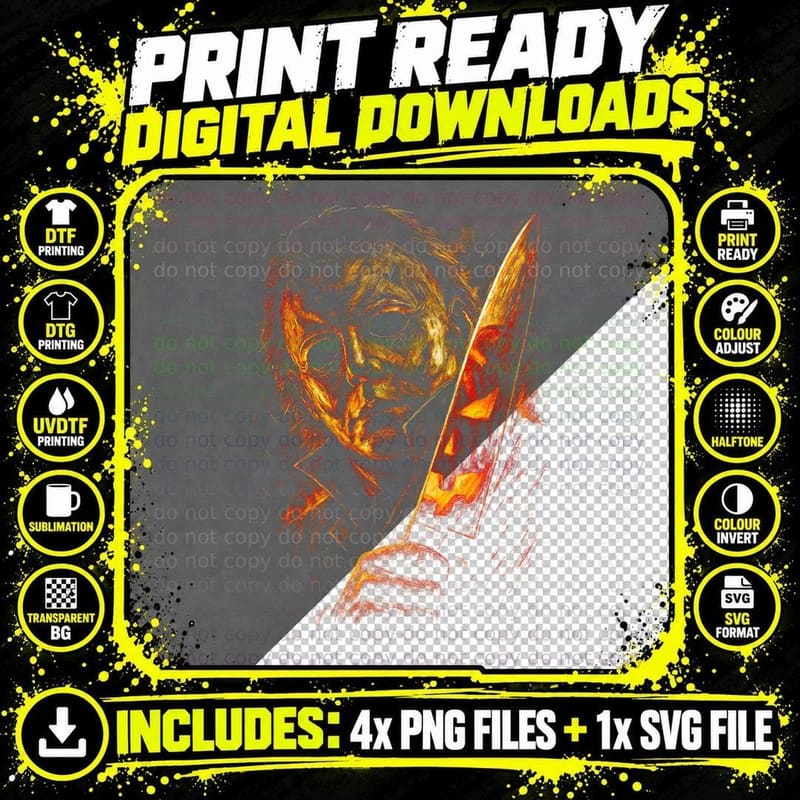 Michael Myers T-Shirt, Halftone Horror Slasher Graphic Png SVG Digital Bundle