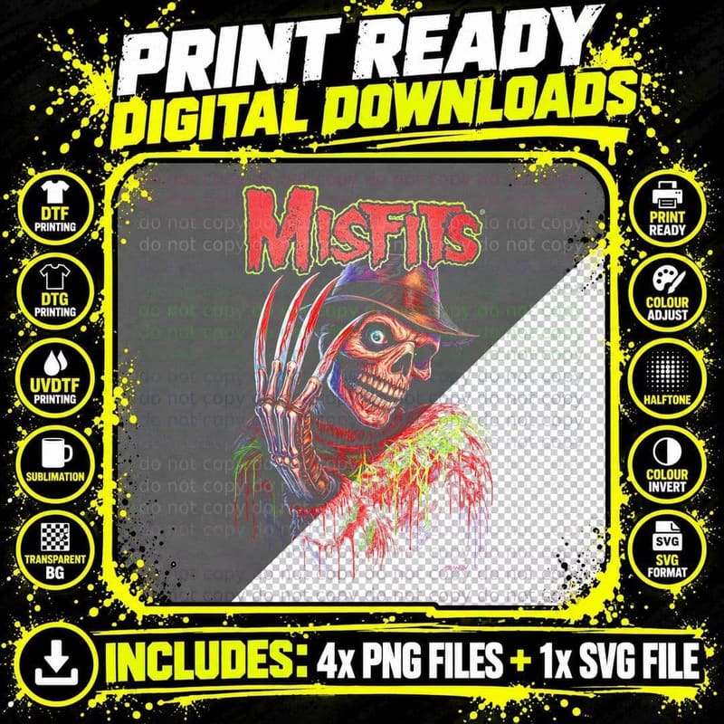 Misfits Fiend Fedora T-Shirt, Halftone Punk Rock Graphic Png SVG Digital Bundle