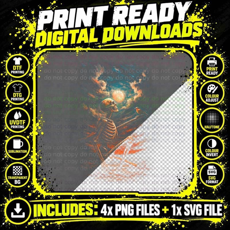Moon Bird Skull T-Shirt, Halftone Gothic Skull Graphic Png SVG Digital Bundle