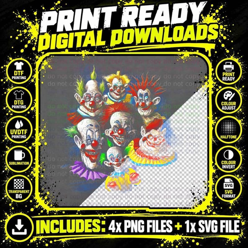 Multiple Clown Faces Colorful Horror T-Shirt Png SVG Digital Bundle