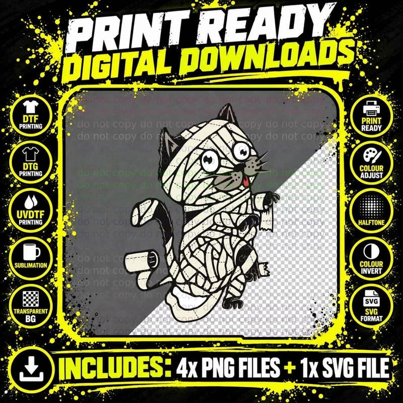 Mummy Cat Wrapped in Bandages Halloween Creature Horror Png SVG Digital Bundle