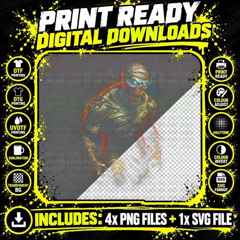 Mummy Wraps T-Shirt, Halftone Horror Monster Graphic Tee Png SVG Digital Bundle