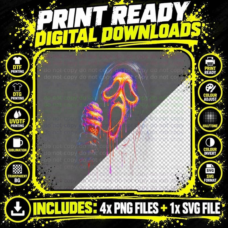 Neon Masked Killer T-Shirt, Halftone Horror Slasher Png SVG Digital Bundle