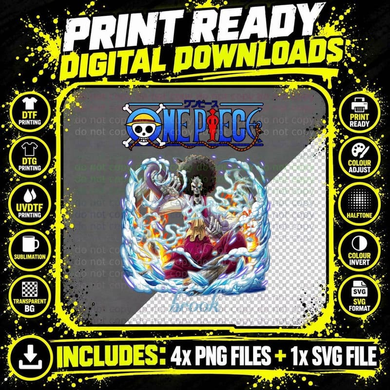 One Piece Brook Logo Blue White Skeleton T-Shirt Png SVG Digital Bundle