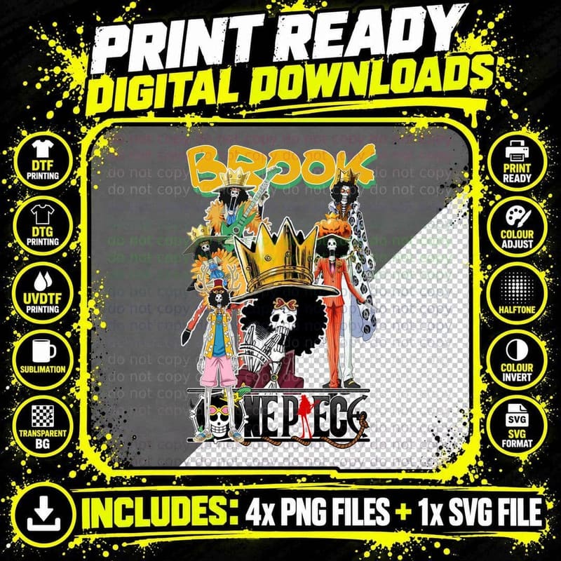 One Piece Brook Skeleton Character Gold Crown Manga Png SVG Digital Bundle