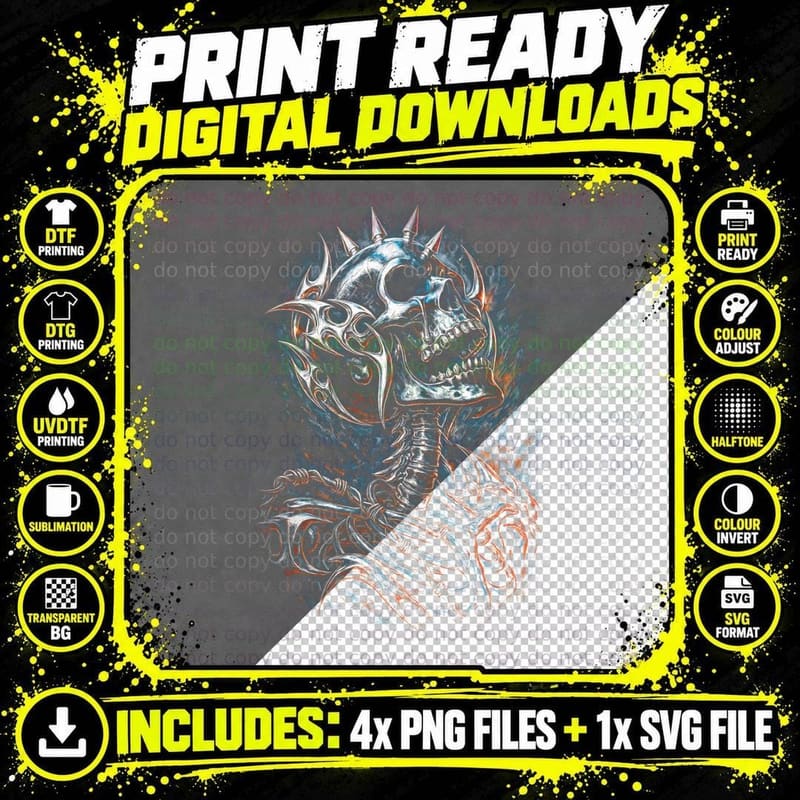 Ornate Spiked Crown Skull T-Shirt, Halftone Gothic Skull Png SVG Digital Bundle