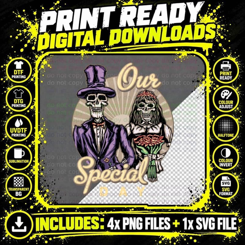 Our Special Day Skeleton Couple Formal Wedding Retro Png SVG Digital Bundle