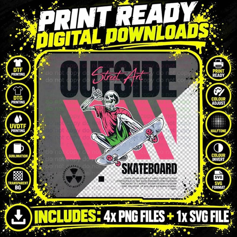 Outside Street Art Skateboard Pink Orange Skeleton Png SVG Digital Bundle