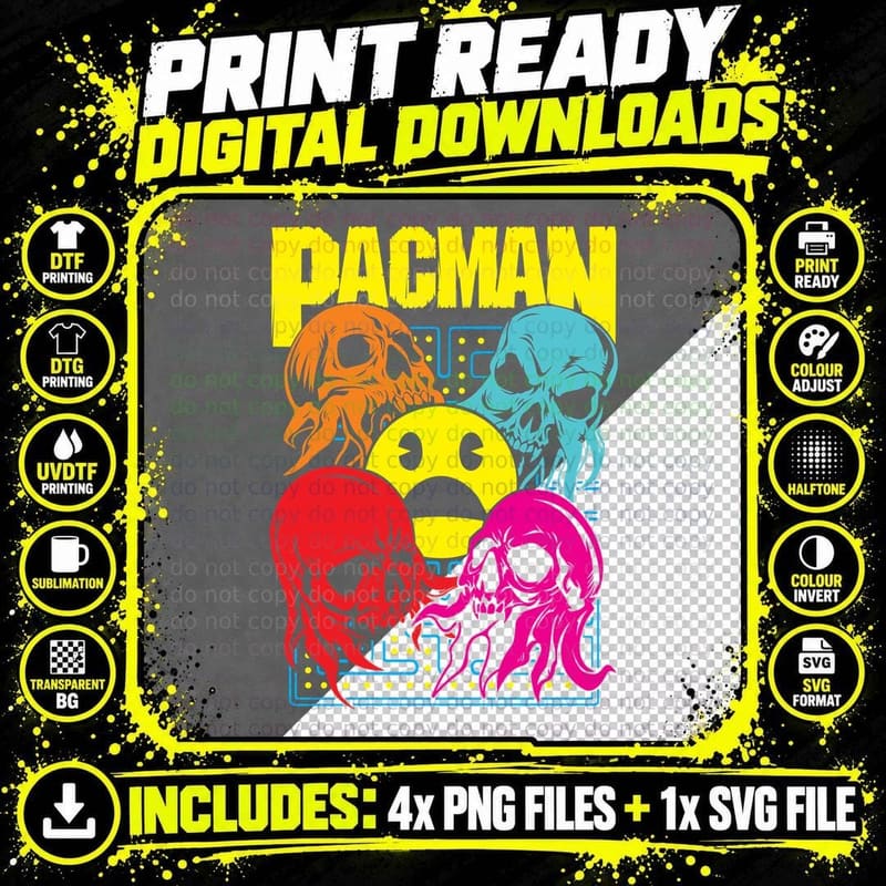 Pac-Man Ghost Skull Mashup Heads Orange Blue Red Pink Png SVG Digital Bundle