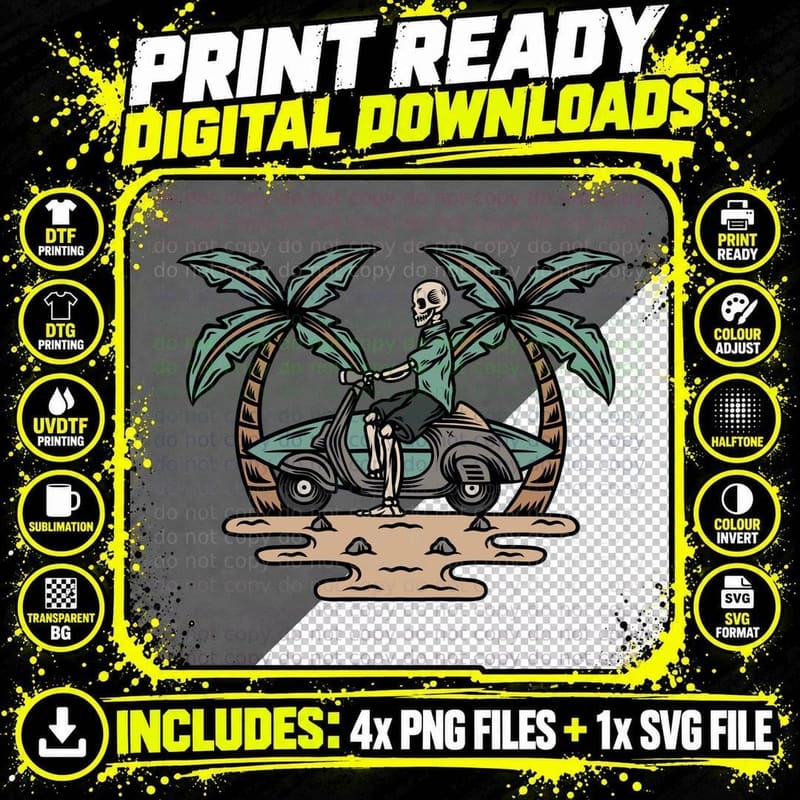 Palm Tree Skeleton Car Retro T-Shirt Png SVG Digital Bundle