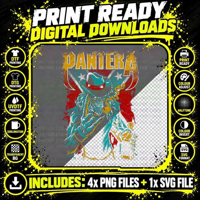 Pantera Skeleton Cowboy in Hat Holding Whiskey Bottle Png SVG Digital Bundle