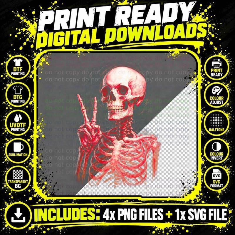 Peace Sign Red Skeleton T-Shirt, Halftone Gothic Skull Png SVG Digital Bundle