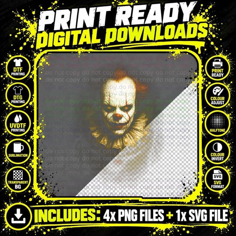 Pennywise Clown T-Shirt, Halftone Horror Portrait Png SVG Digital Bundle