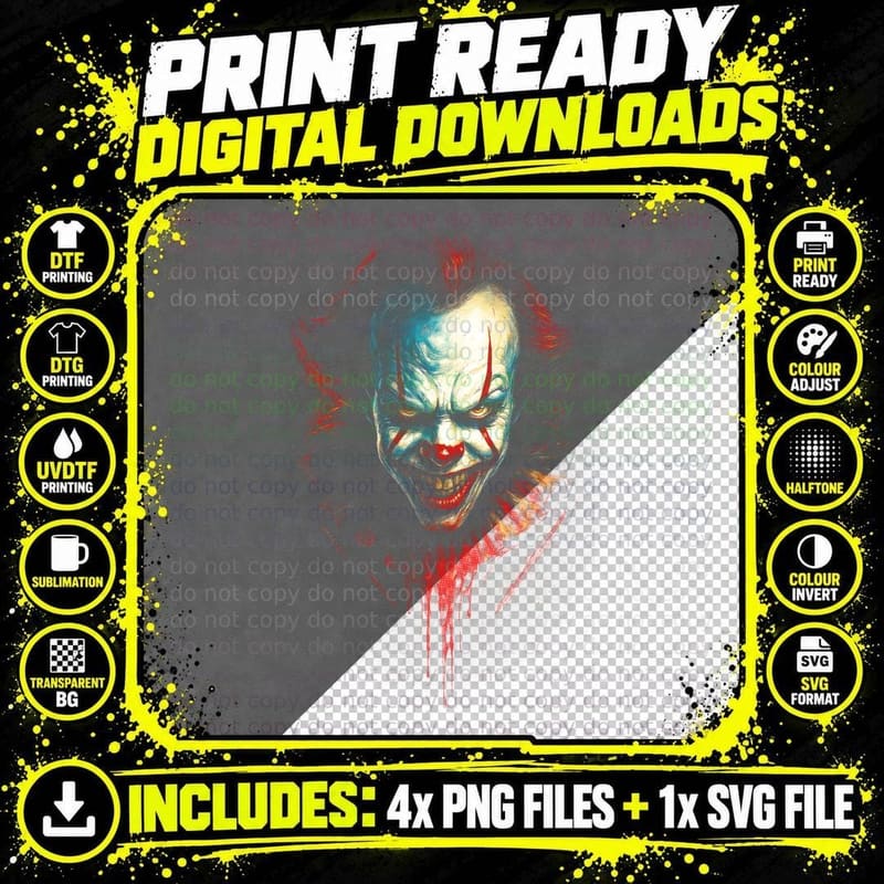 Pennywise IT Clown T-Shirt, Halftone Horror Movie Png SVG Digital Bundle
