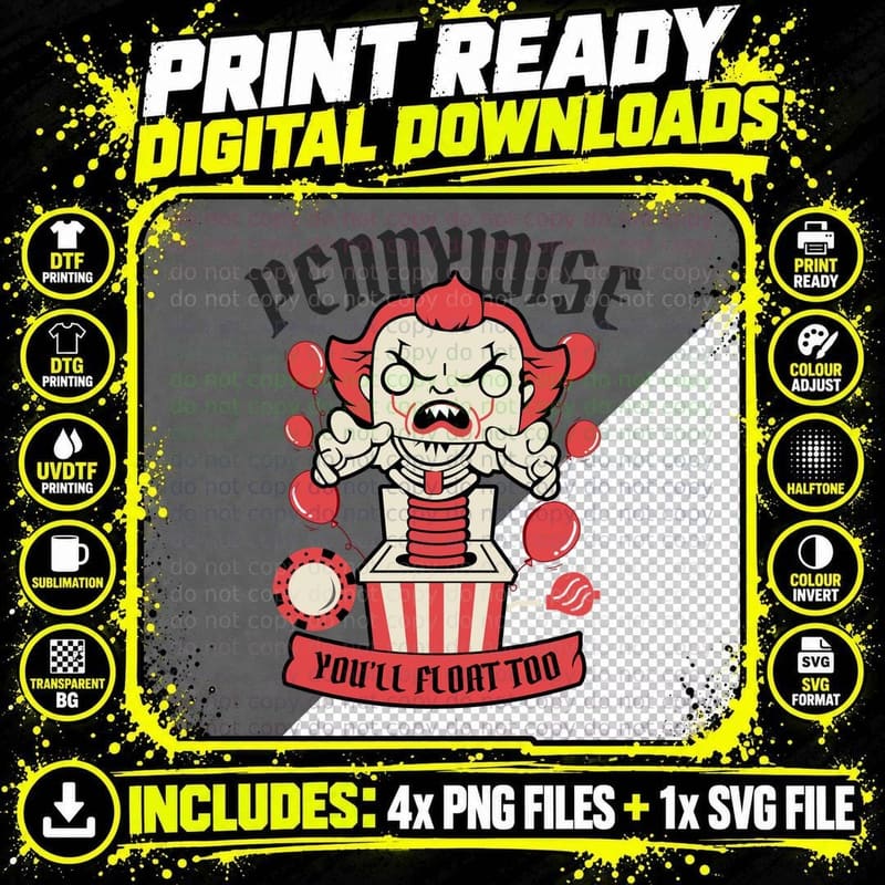 Pennywise You'll Float Too Horror Clown Jack-In-The-Box Png SVG Digital Bundle