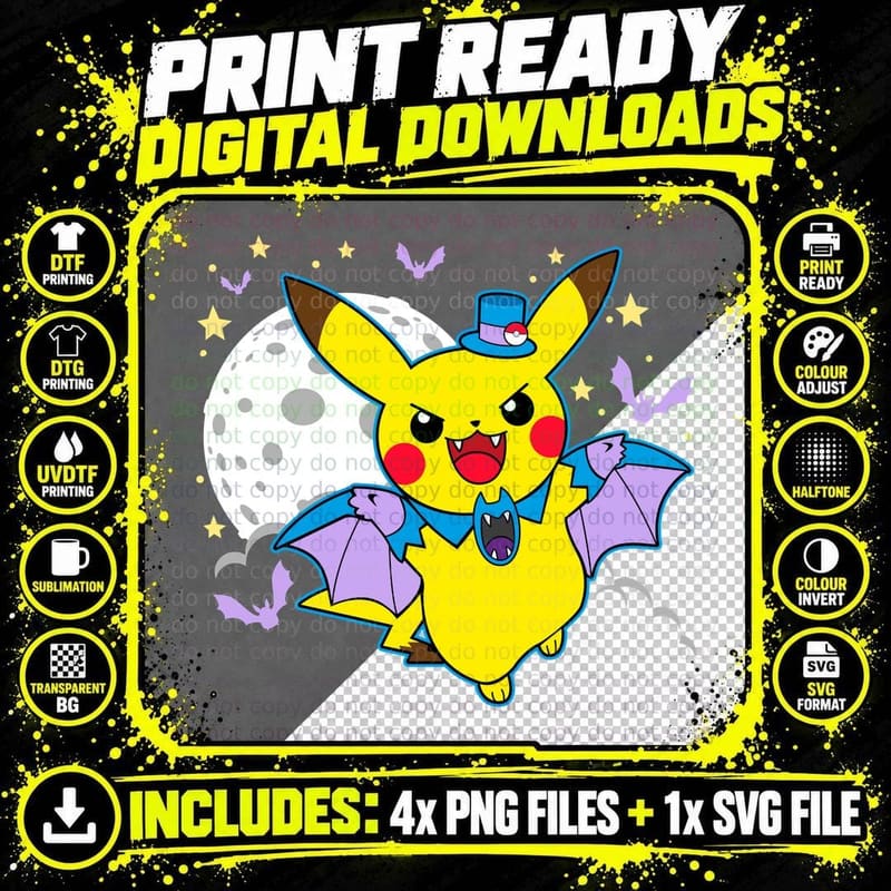 Pikachu Bat Vampire Wings Spooky T-Shirt Png SVG Digital Bundle