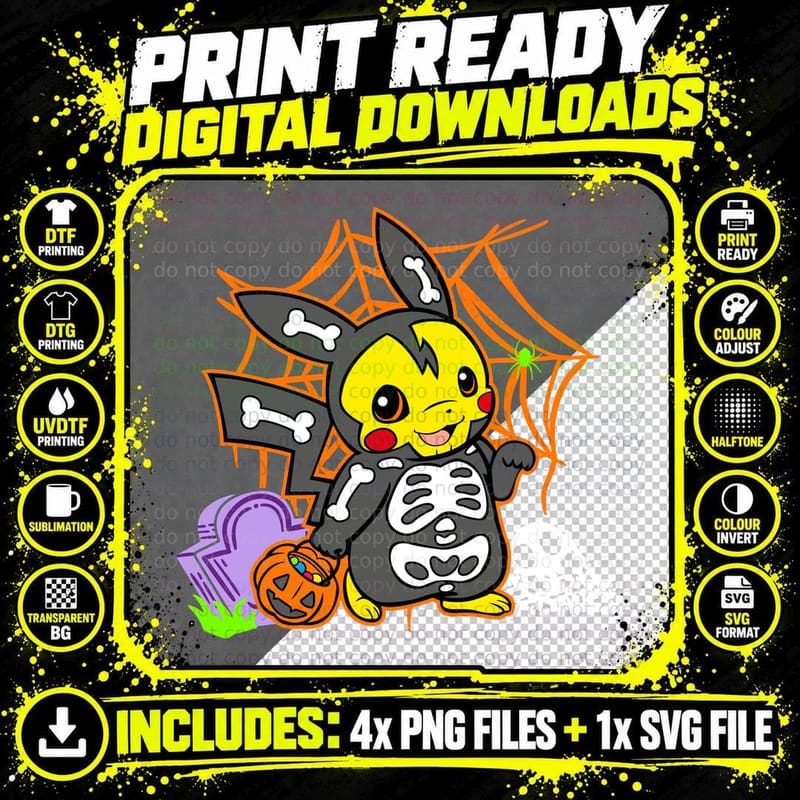 Pikachu Skeleton Bones Ghost Halloween T-Shirt Png SVG Digital Bundle