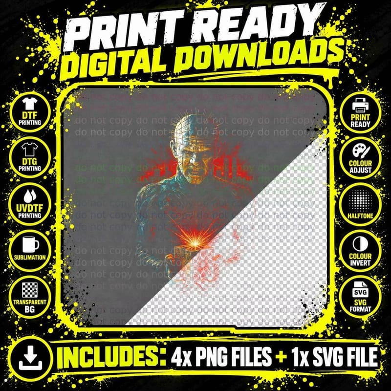 Pinhead Hellraiser T-Shirt, Halftone Horror Movie Png SVG Digital Bundle