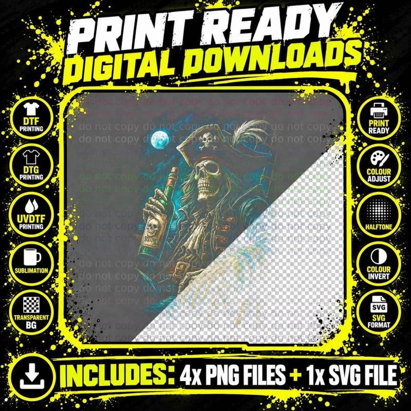 Pirate Rum Bottle Skull T-Shirt, Halftone Gothic Skull Png SVG Digital Bundle