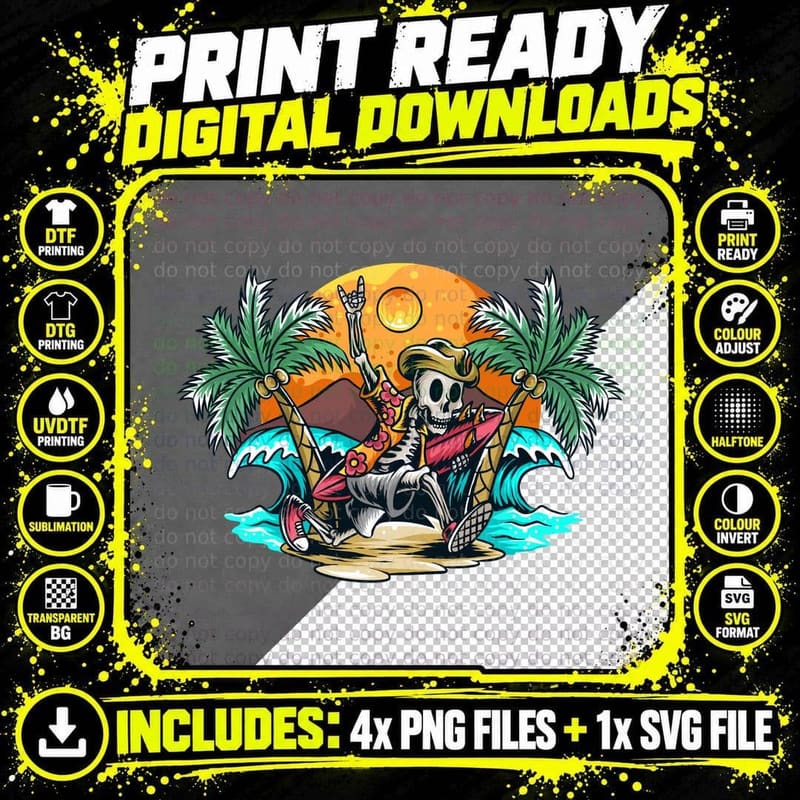 Pirate Skeleton with Sword Tropical Palms Waves Png SVG Digital Bundle