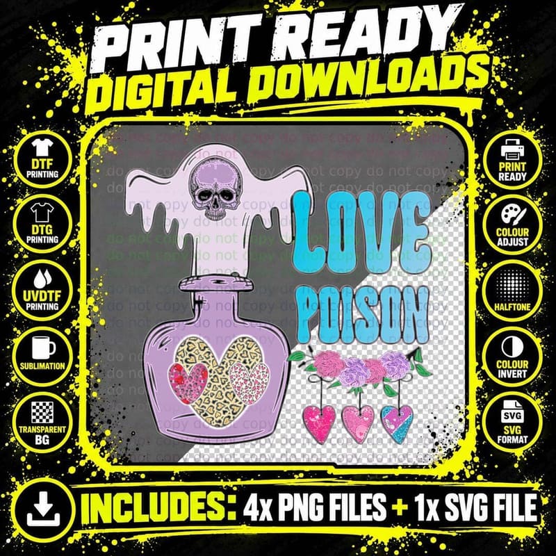 Poison Bottle Love Skull Heart Leopard T-Shirt Png SVG Digital Bundle