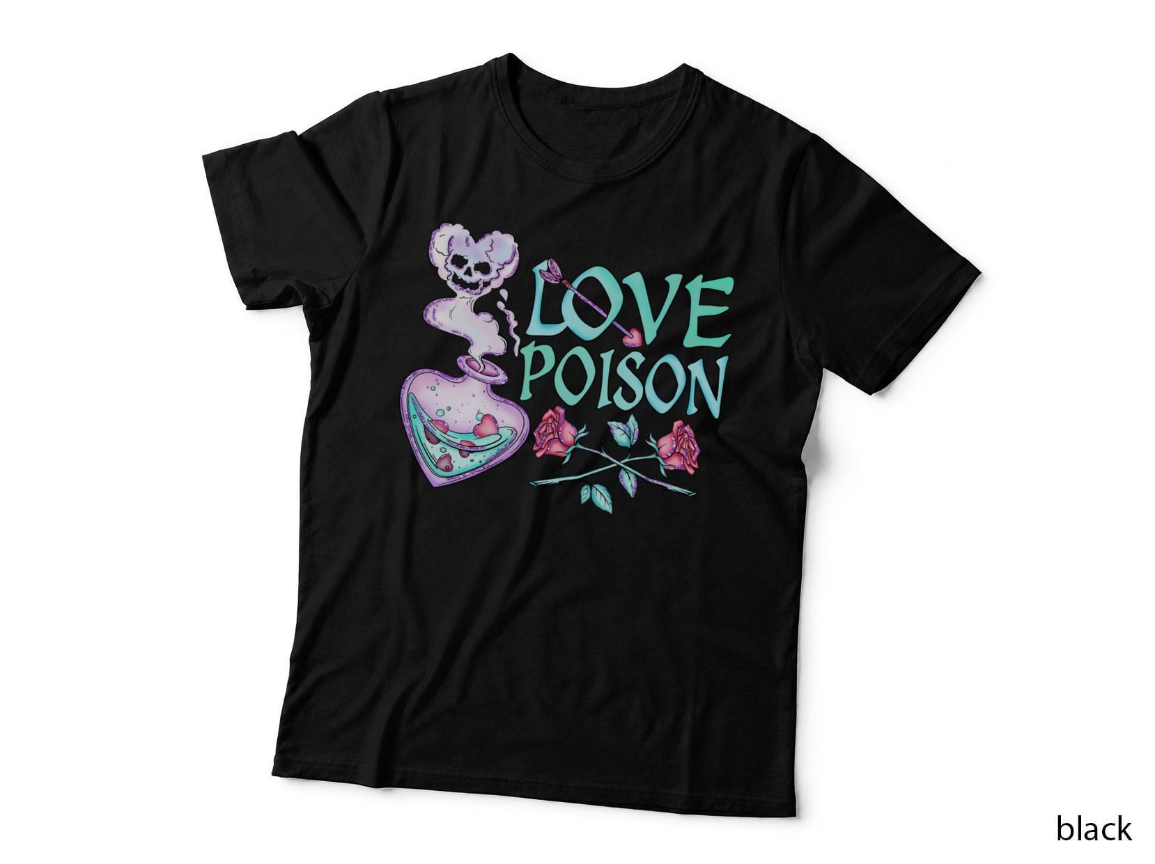 Poison Potion Love Skull Bottle Dark Gothic Roses T-Shirt