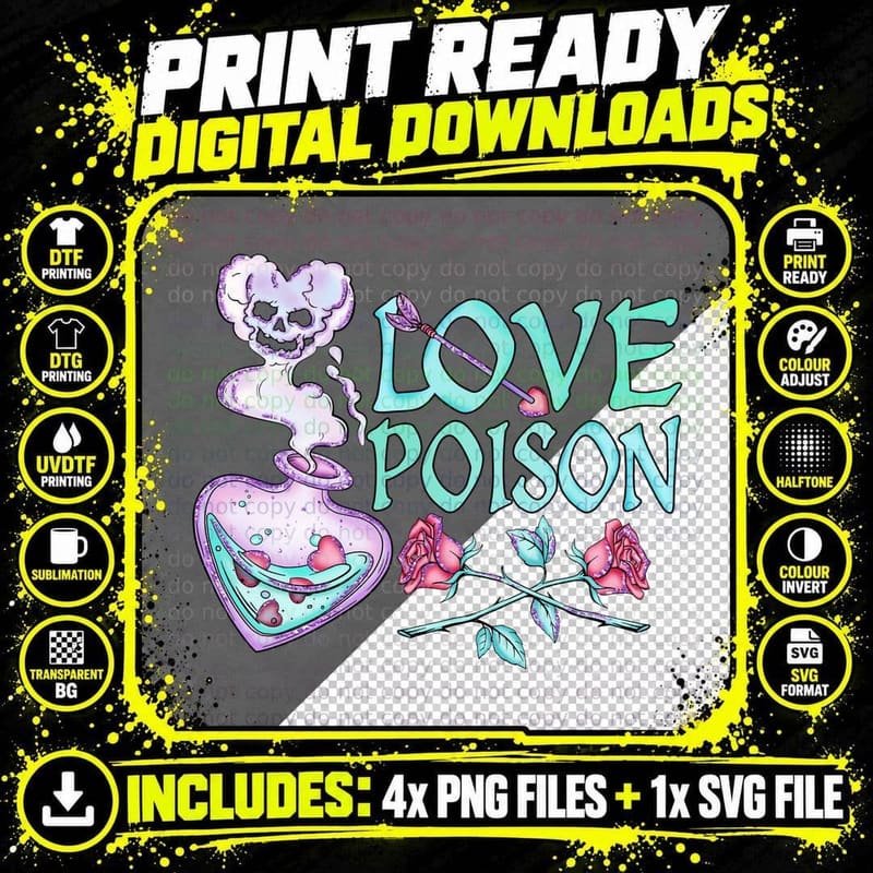 Poison Potion Love Skull Bottle Dark Gothic Roses T-Shirt Png SVG Digital Bundle