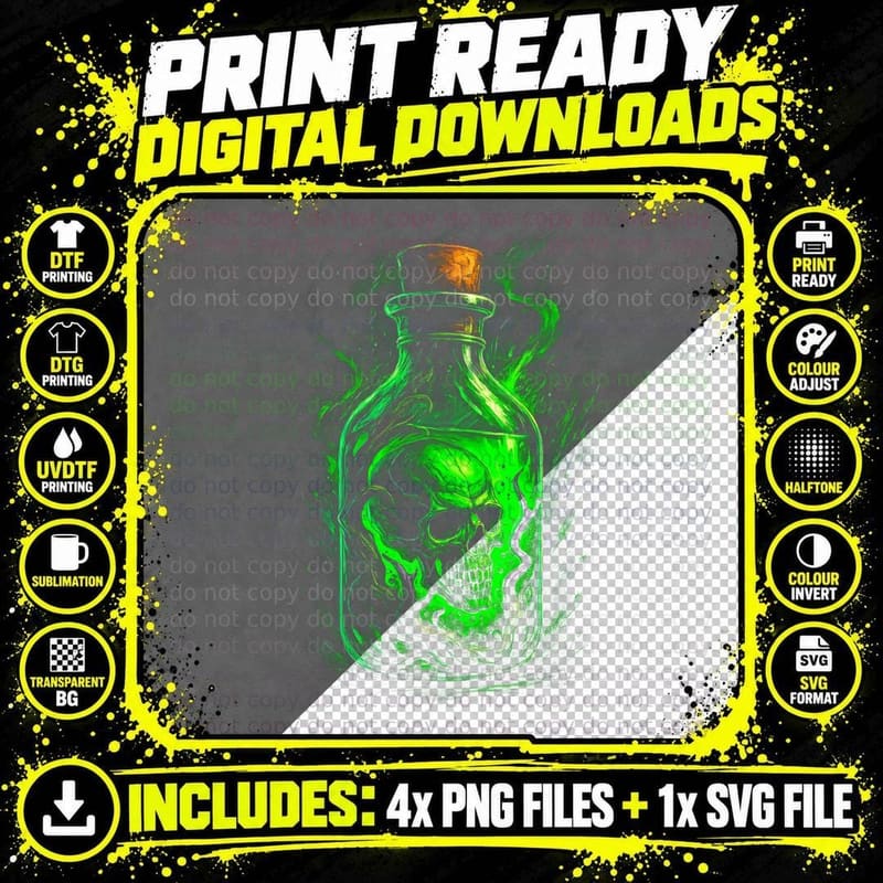 Poison Skull Bottle T-Shirt, Halftone Horror Potion Png SVG Digital Bundle