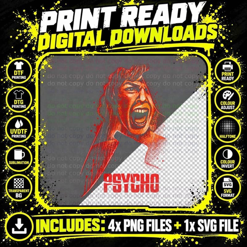 Psycho T-Shirt, Halftone Classic Horror Movie Graphic Png SVG Digital Bundle