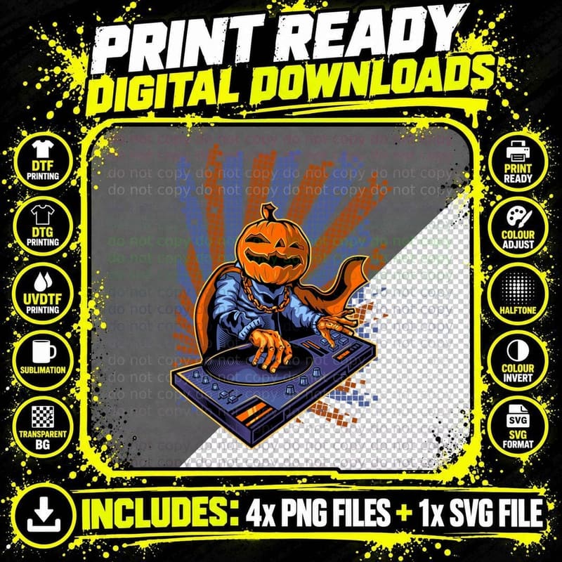 Pumpkin DJ Jack-O-Lantern Djing Halftone Orange Blue Png SVG Digital Bundle