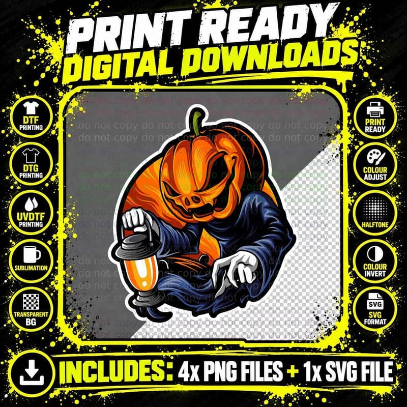 Pumpkin Head Ghost Halloween Lantern Spooky Costume Png SVG Digital Bundle