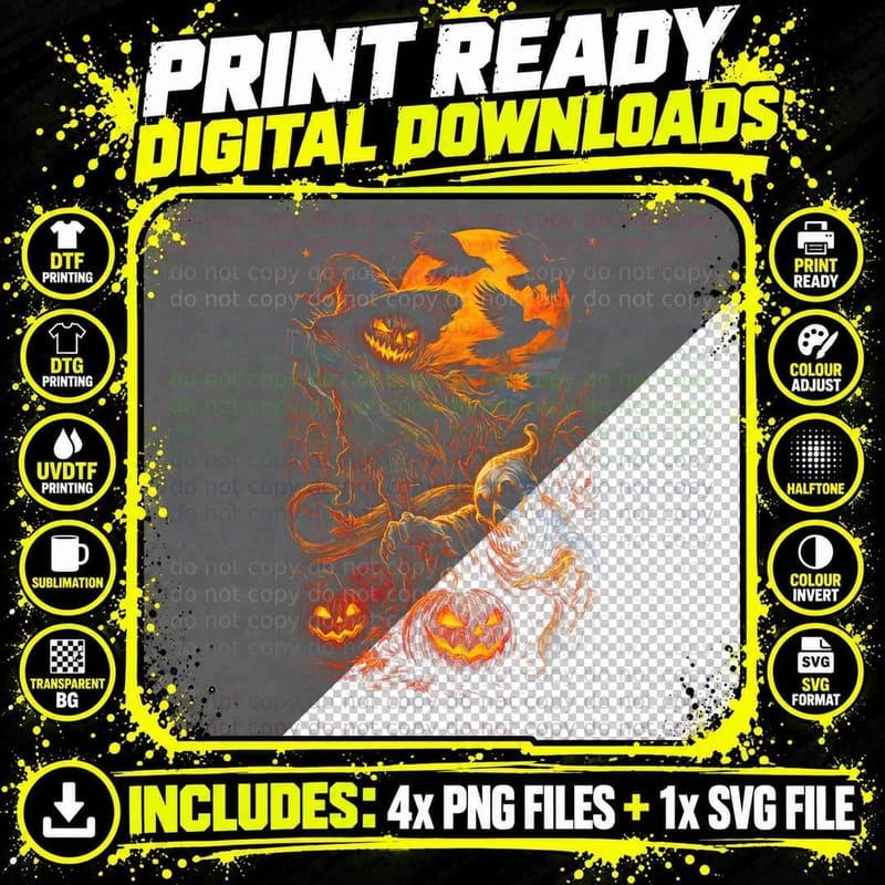 Pumpkin Patch Scarecrow T-Shirt, Halftone Horror Png SVG Digital Bundle