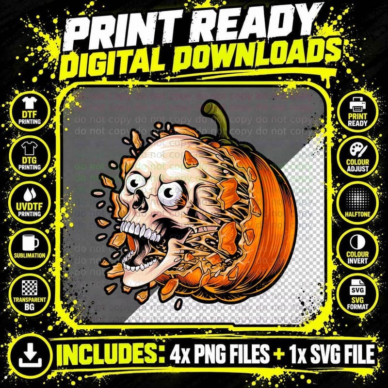 Pumpkin Skull Halloween Fall Orange T-Shirt Png SVG Digital Bundle