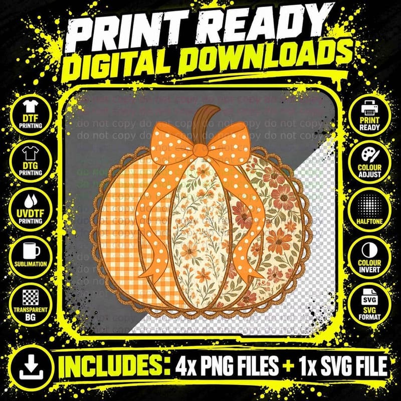 Pumpkin with Floral Pattern and Polka Dot Bow T-Shirt Png SVG Digital Bundle