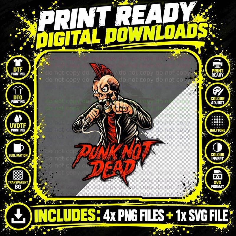 Punk Not Dead Skeleton Red Attitude Monochrome T-Shirt Png SVG Digital Bundle