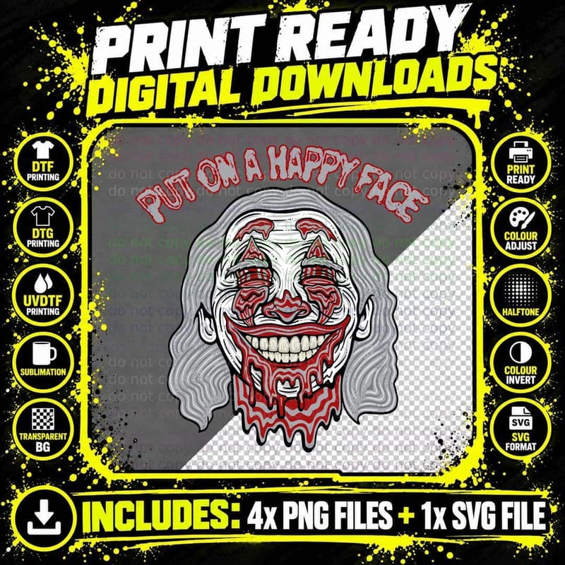 Put on a Happy Face Smile Red Horror Clown Stitched Png SVG Digital Bundle