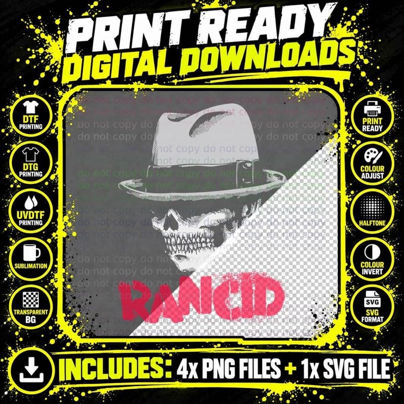 Rancid Halftone Skull Fedora Hat Punk Skeleton Red Png SVG Digital Bundle