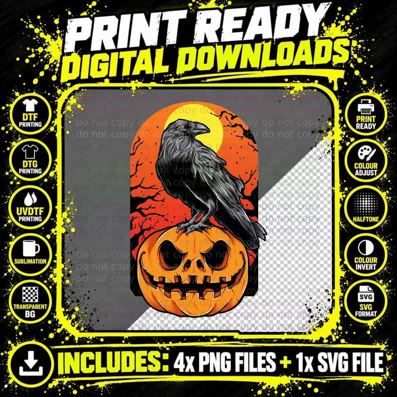 Raven Pumpkin Halloween Jack-O-Lantern Orange Moon Bats Png SVG Digital Bundle