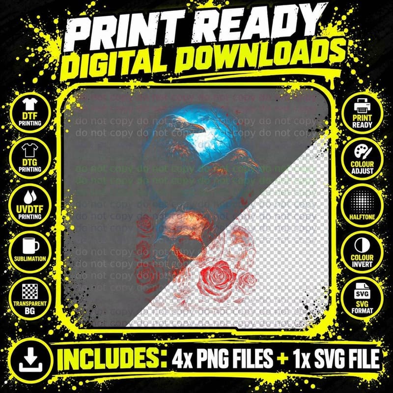 Raven Skull T-Shirt, Halftone Horror Crow Graphic Tee Png SVG Digital Bundle