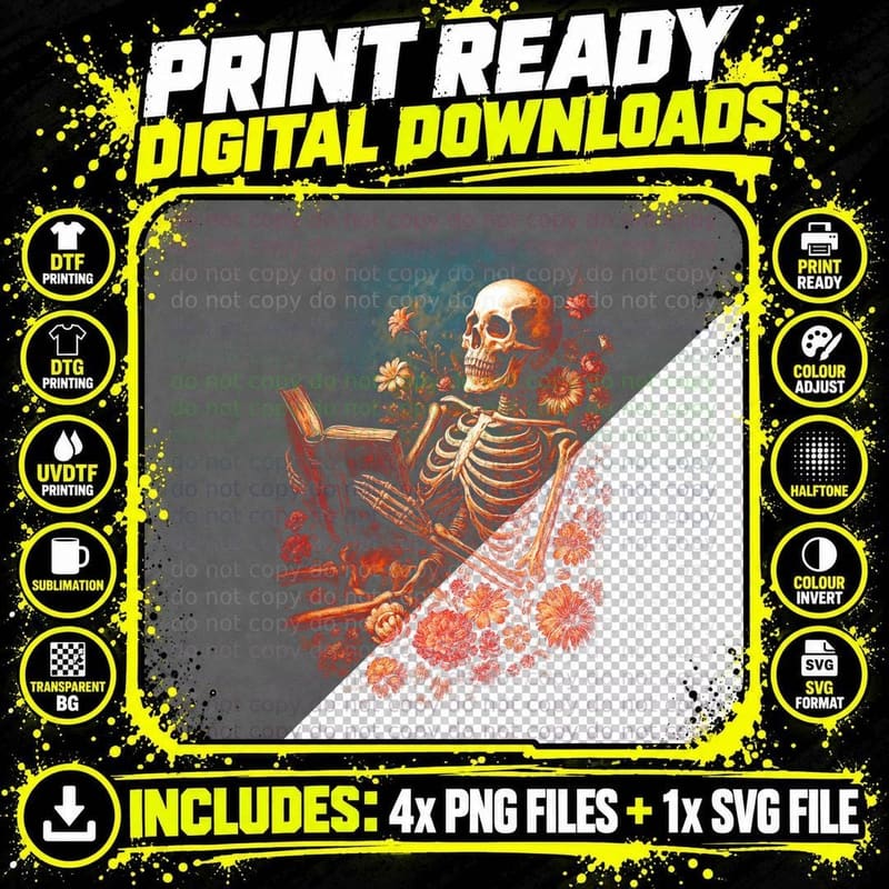 Reading Vintage Flower Skull T-Shirt Png SVG Digital Bundle