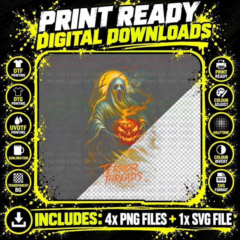 Reaper Lantern T-Shirt, Halftone Horror Skull Graphic Tee Png SVG Digital Bundle