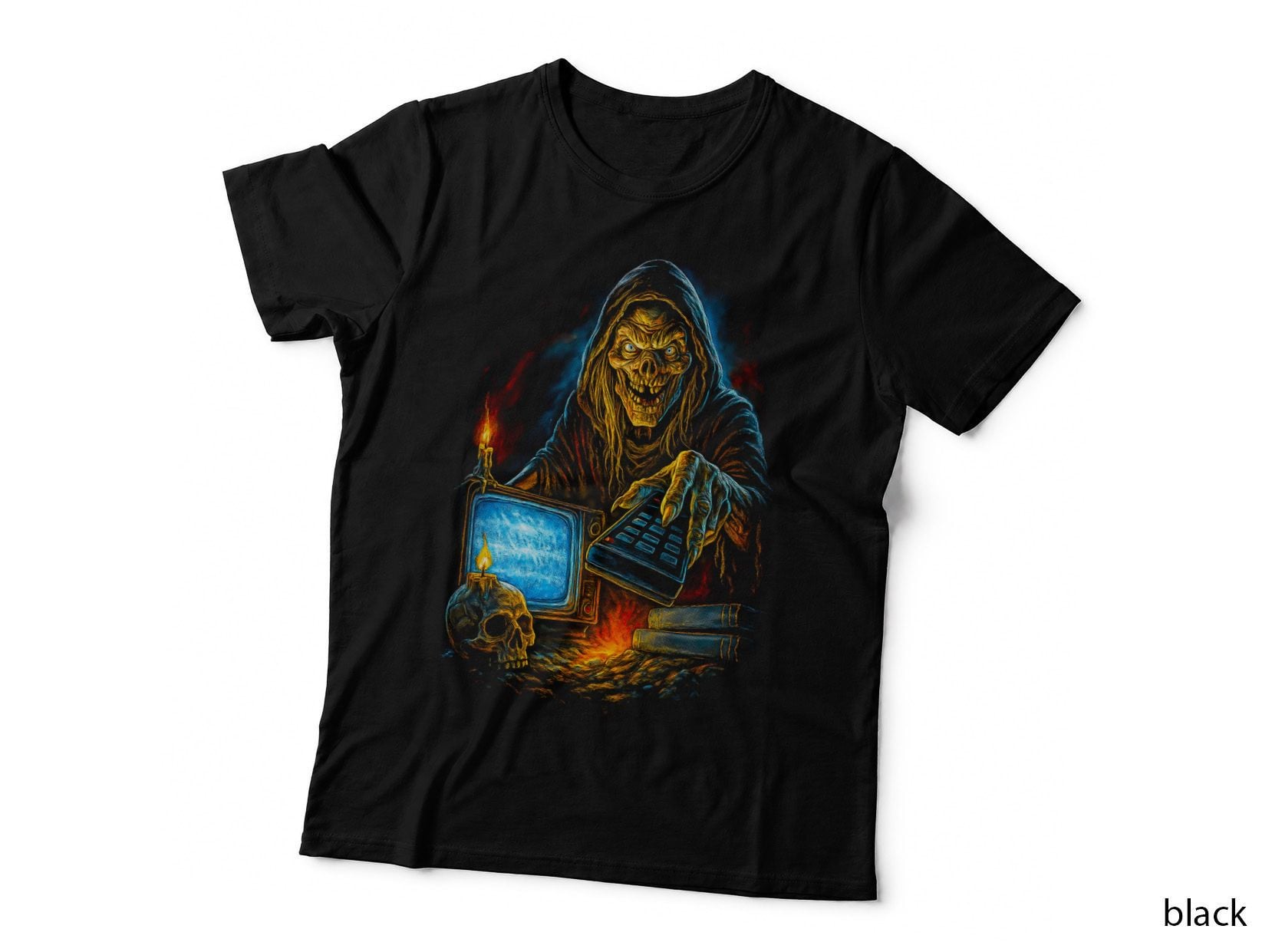 Reaper Retro TV T-Shirt, Halftone Horror Skull Graphic Tee