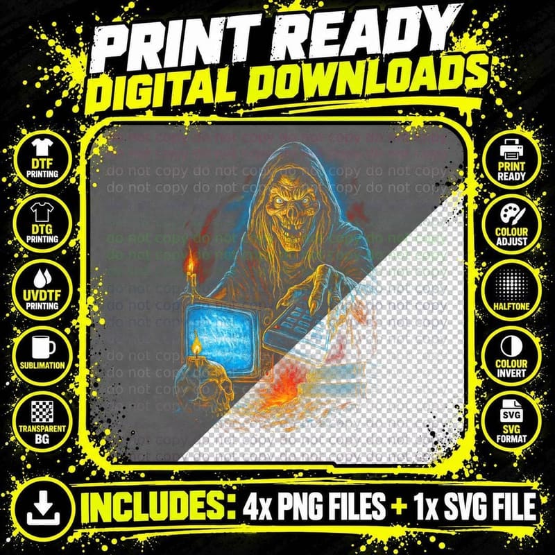 Reaper Retro TV T-Shirt, Halftone Horror Skull Graphic Png SVG Digital Bundle