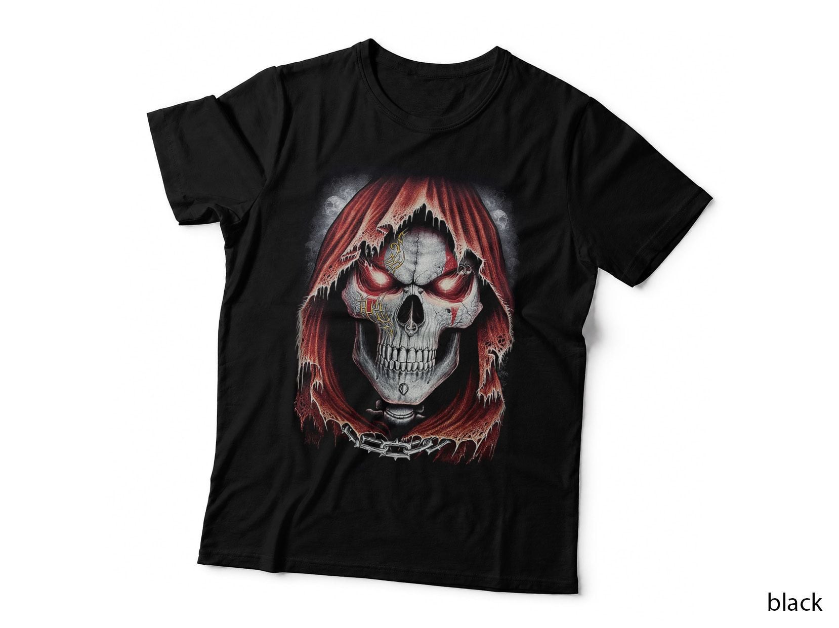 Red Hooded Demon Skull Glowing Eyes Tattered Hood Tribal Markings Horror T-Shirt