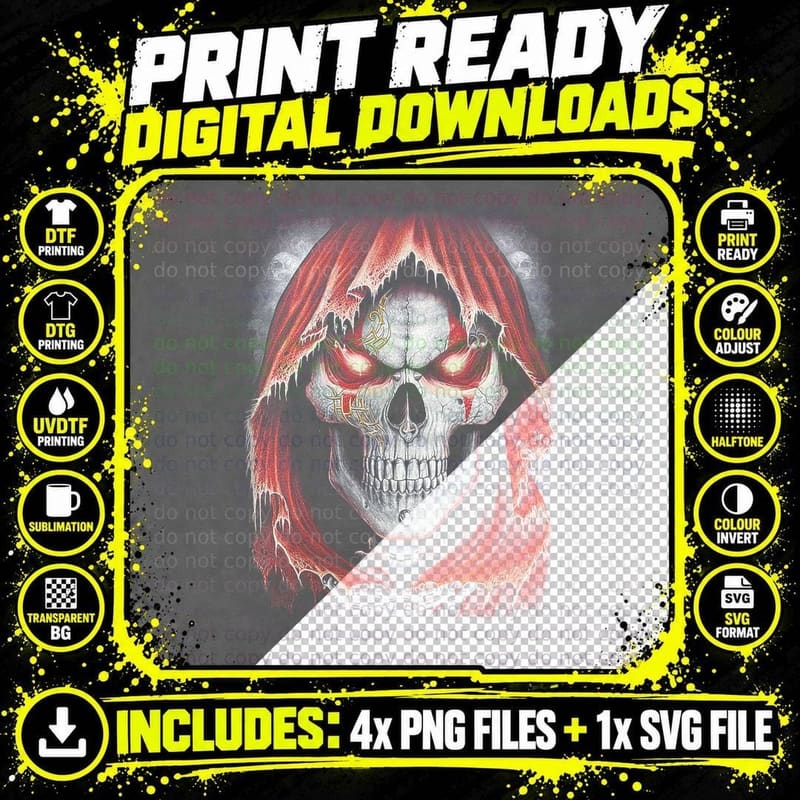 Red Hooded Demon Skull Glowing Eyes Tattered Hood Tribal Png SVG Digital Bundle