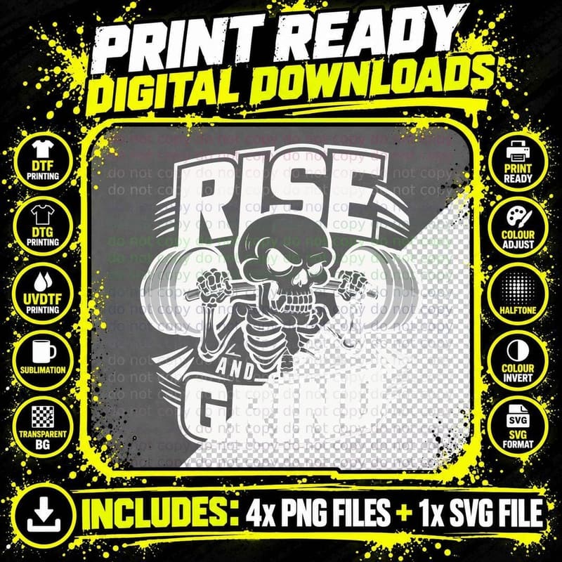 Rise and Grind and Black White Skull Dumbbell Skeleton Png SVG Digital Bundle