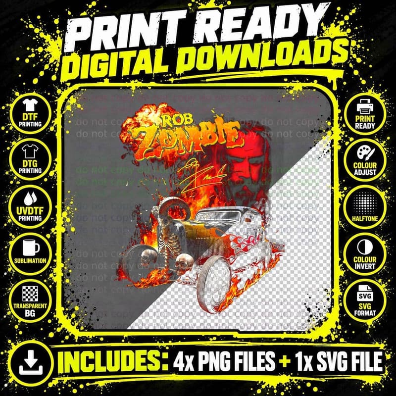 Rob Zombie Hot Rod Demon Fire Retro T-Shirt Png SVG Digital Bundle