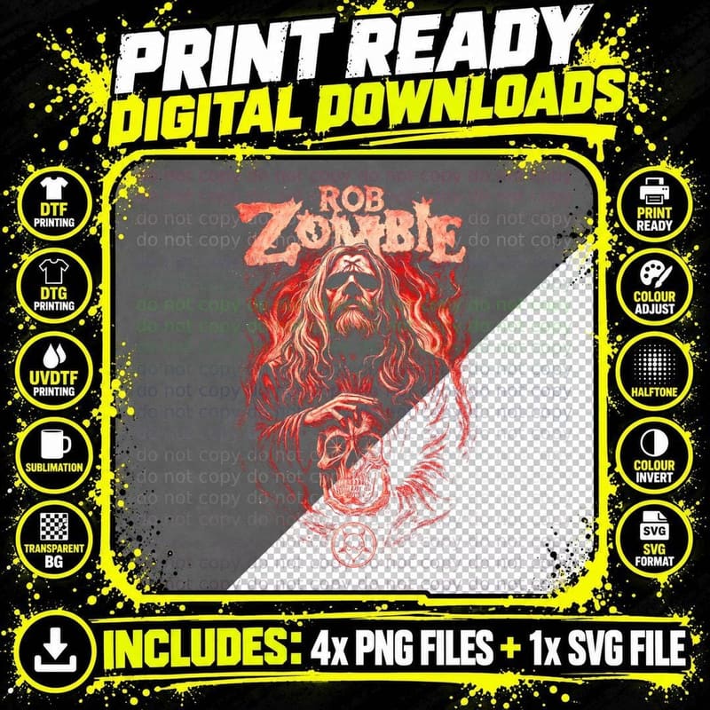 Rob Zombie Skull T-Shirt, Halftone Heavy Metal Graphic Png SVG Digital Bundle