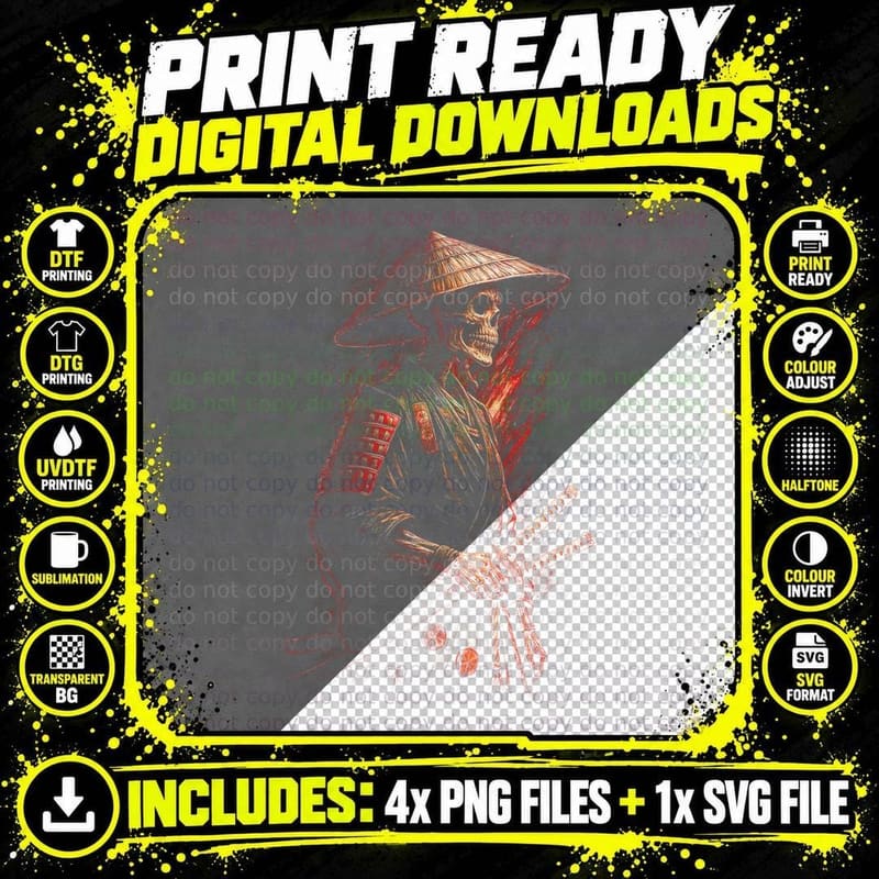 Samurai Skeleton Cone Hat T-Shirt, Halftone Gothic Skull Png SVG Digital Bundle